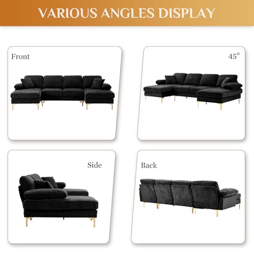 Image of OUYESSIR 112 inch Cloud Sectional Sofa with Extra Deep Seat,U Shaped Sectional Couches for Living Room,4 Seater Chenille Sofas & Couches,Modern Apartment Couch with Double Chaise Lounge, Black
