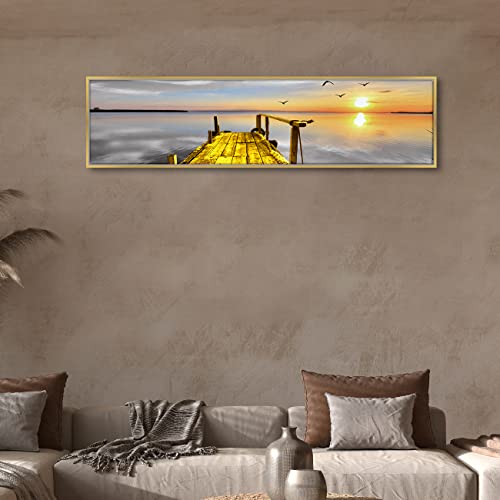 Image of PAINTINGMANTRA Landscape by the Pier Sunrise on Water Large Canvas Painting Framed Panel Wall Painting,Framed Paintings for Home Decoration,Living room,Bedroom & Office Decor (Multi, 13x47 Inch)