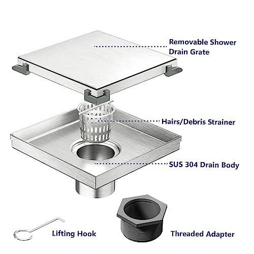Neodrain 6-Inch Square Shower Drain with Removable Tile Insert Grate,Brushed 304 Stainless Steel, with Watermark&CUPC Certified, Includes Hair Strainer…