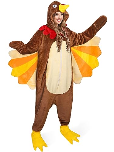 AOTHSO Thanksgiving Turkey Adult Onesie Turkey Plush Bird Onesie Costume with Animal Shoes Cosplay for Women and Men Brown