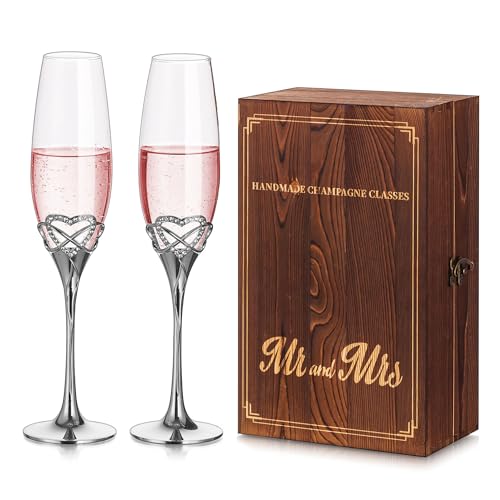 Copas de champanhe com caixa de presente de madeira, conjunto de 2 copas de champanhe gravadas com o texto em inglês 'Mr and Mrs', personalizáveis, de vidro prateado, para casamento, aniversário, dama