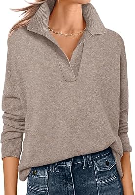 ANRABESS Women Polo V Neck Lightweight Fall Sweaters Tan