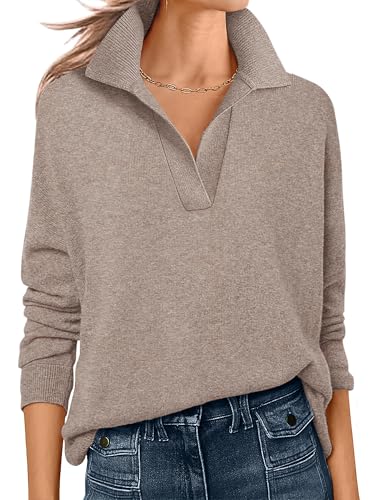 ANRABESS Womens Polo V Neck Long Sleeve Sweaters Lightweight Dressy Casual Business Basic Knit Pullover Top 2026 Fall Outfits Tan Large by ANRABESS - Image 2
