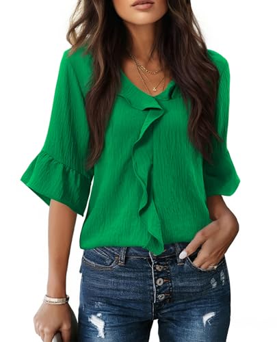 siliteelon Kelly Green Tops for Women St Patricks Day Dressy Casual 3/4 Sleeve Ruffle Bell Blouse Sping Summer Outfits Kelly Green M