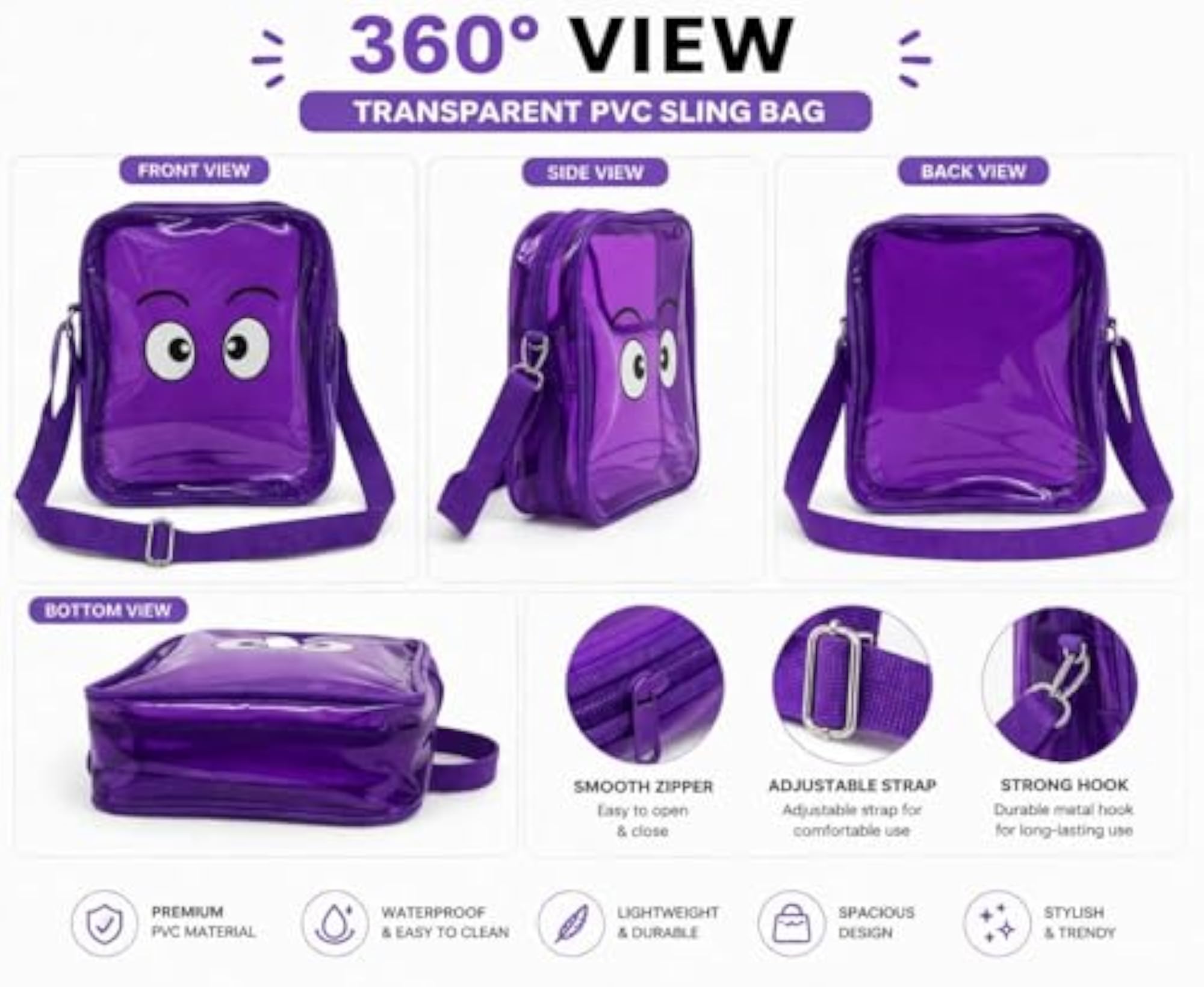 Transparent PVC Sling Bag, Multipurpose Clear Shoulder Bag