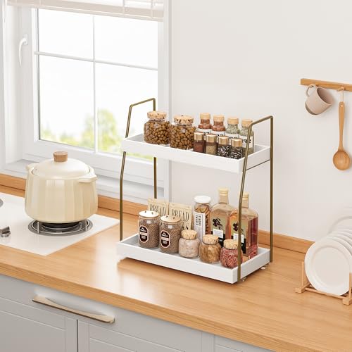 Image of Bathroom Countertop Organizer, Counter Organizer for Bathroom Decor | Wooden Sink Shelf for Vanity Storage, Makeup Tray for Perfume Skincare Bedroom Kitchen Coffee Bar (2 Tier, White and Gold)