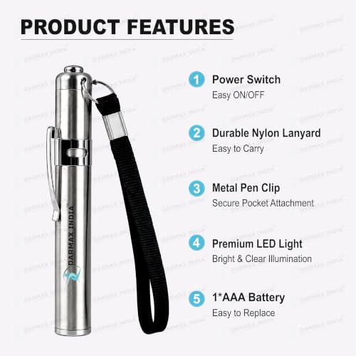 Image of Doctor Pen Torch Bright LED Pocket Torch for Doctors, Nurses & Medical Students - Lightweight Moon Torch for Clinical Use (Silver)