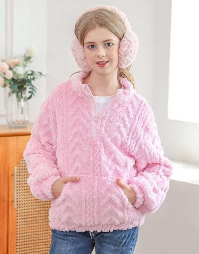 RAISEVERN Girls Sweatshirt Quarter Zipper Warm Sherpa Fleece Jacket Pullover Hoodies with Pockets 6-13 Years4