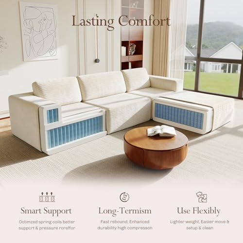 Image of Vesgantti 119 inch L-Shaped Modular Sectional Sofa, Corduroy Cloud Couch with Deep Seating & Spring Support, Flexible Layout Sofa with Ottoman, Boneless Style, No Assembly Required, Beige