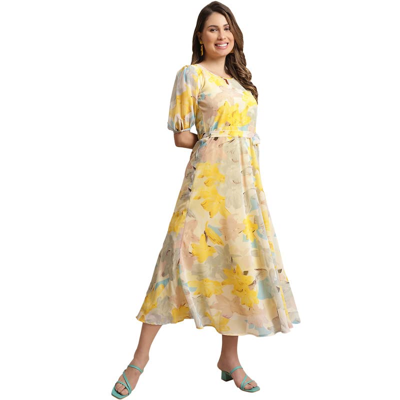 Preneum Women's Maxi Fit & Flare Print Georgette Regular Sleeves Casual |Summer |Latest Style |Festival & Occasion Maxi Gown(Maxi-N-28_Xl) Light Yellow