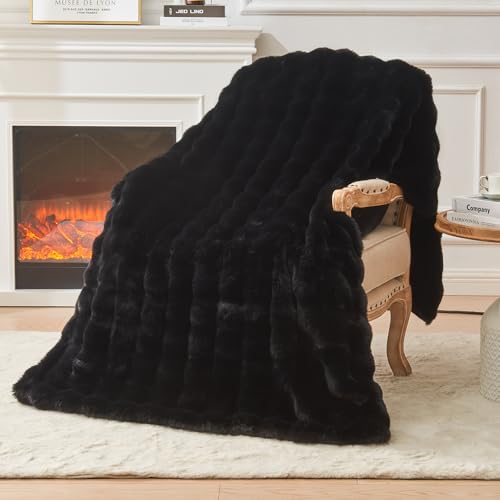Image of EMME Faux Fur Blanket Twin Size Black - Big Bubble Rabbit Cozy Blanket for Couch, Thick Furry Plush Shaggy Blankets, 650GSM, 60x80 Inches