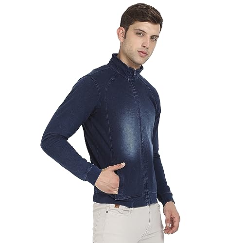 Image of Campus Sutra Men's Navy Blue Zip-Front Dark-Wash Denim Jacket For Casual Wear | High Neck | Long Sleeve | Zipper Closure | Cotton Jacket Crafted With Comfort Fit For Regular Wear