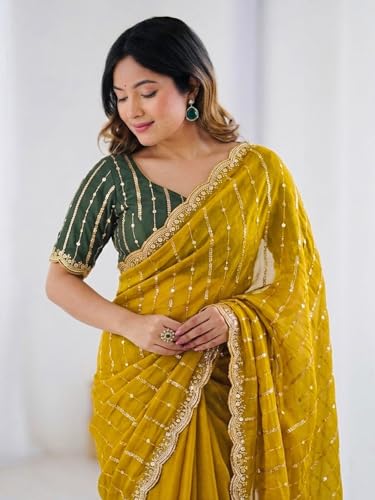 Image of SIRIL Women's Shimmer Georgette Scalloped Border Sequins Embroidery Saree with Unstitched Blouse Piece