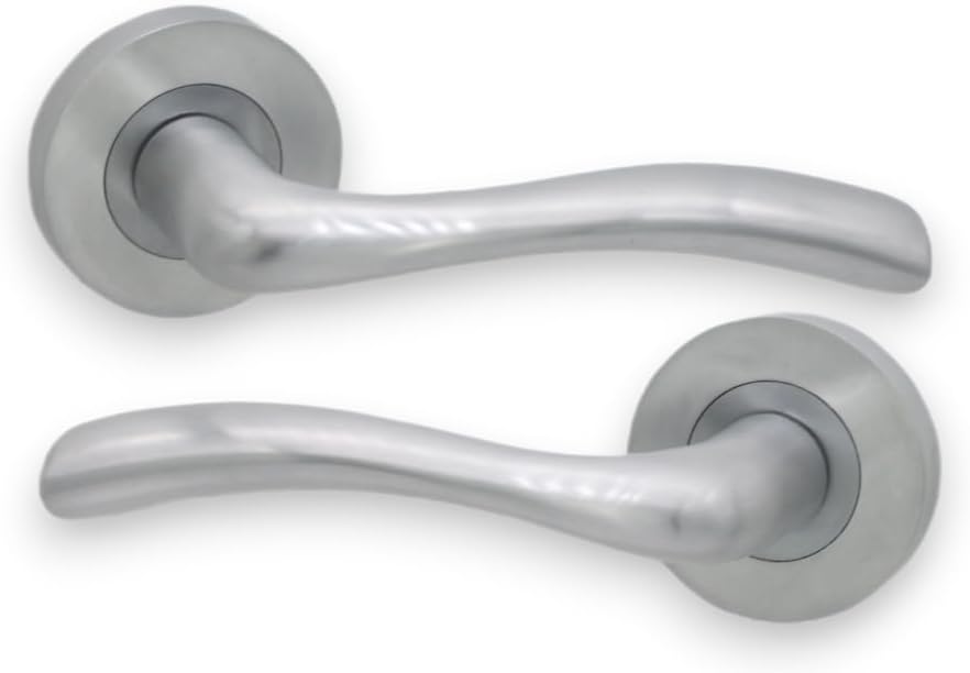 Infinity Decor Pair of Zune Solid Brass Curved Lever on Rose Latch Door Handles Set, Satin Chrome - Ideal for Interior & Exterior Doors