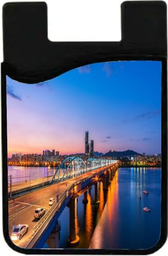 Island Gifting Neoprene Stick-on ID Card Holder for iPhone/Galaxy/Google Android Cases Featuring Image of Korea Seoul at Night Skyline in South Korea