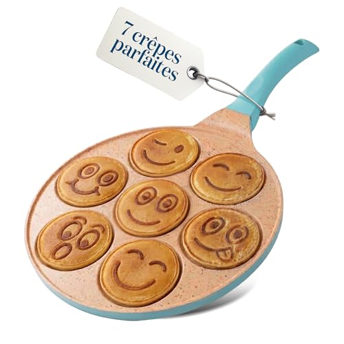 Joeji's Kitchen Poêle à Crêpe Pancakes Blinis avec Smileys - 7 trous en Aluminium Antiadhésif - Poele a Crepe induction ou gaz de 26,5 cm - Poêle à Frire...