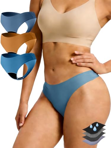 Image of Seamless Thong Period Underwear for Women Teens Light Flow Moisture Wicking Side Leak Prevention Panties 3 Pack