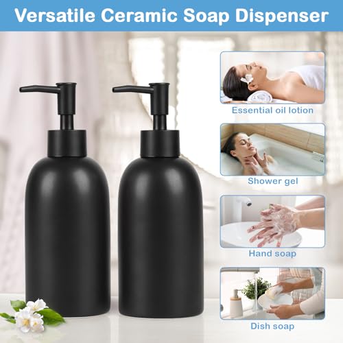 Image of Natheeph Soap Dispenser Fill Dish Soap Hand Soap for Bathroom (2PC Black) | 14OZ, Great for Bathroom /Kitchen Sink, Ceramic Soap Pump Dispenser, Refillable Shampoo, Detergent, Lotion, Shower Gel