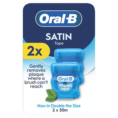 Oral-B Satin Tape Floss Removes Plaque Waxed Dental Floss for Tight Spaces for a Fresh Clean Feeling Mint Flavour 50m Roll 2 Count