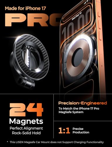 Image of LISEN for MagSafe Car Mount for iPhone 17 Pro Max [24 Strong Magnets] Magnetic Phone Holder for Car Dashboard Magnet Phone Mount Car Cell Phone Holder for iPhone 17 Pro Max 16 15 14 13, Carbon Fiber