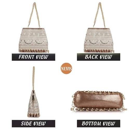 Image of Nevis Stylish Embroidery Unique Design Traditional Wedding Party Handheld Potli Bag For Women (ROSE GOLD)