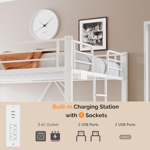 Image of VINGLI Loft Bed Queen Size with Charging Station and LED Lights,Safety Guardrail and Stair for Teens /Adults, No Box Spring Needed, Heavy Duty Metal Support Slat, White