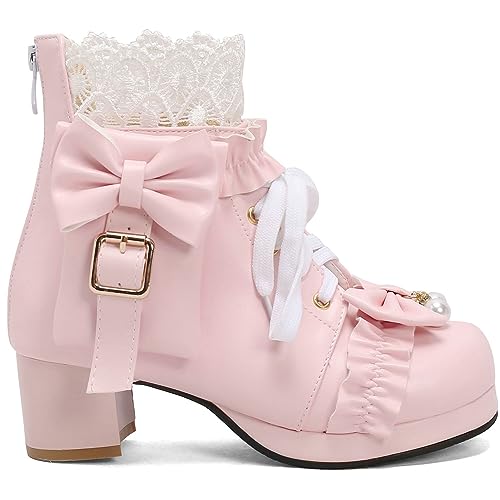LUXMAX Women Chunky Heel Lace Up Booties Lolita Kawaii Shoes Block Heel Cute Ankle Boots Sweet Lace Boots with Bow2