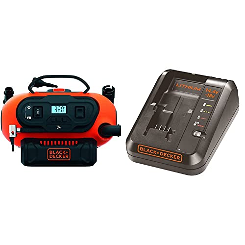 Black+Decker BDCINF18N-QS 11.0 Bar Kompressor/Luftpumpe (mögliche Stromquelle: 12V-/230V-Anschluss oder 18V Akku) & Multivolt-Schnellladegerät (für 14,4V Li-Ionen, 1Ah und 18V, 1Ah Akkuse)