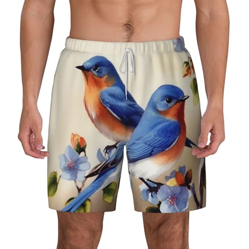 Men's Swim Trunks Quick Dry Board Shorts Happy Bluebirds Beach Shorts with Pocket Bathing Suits for Men