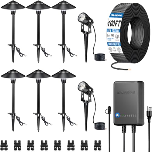 SUNVIE All-in-One LED Low Voltage Landscape Lighting Kit 6 Pathway Lights 2 Spotlights with 60W...