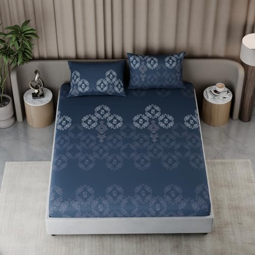 Image of BLISSHOME Everlast 150TC King Size Fitted Bedsheet with 2 Pillow Covers, Aesthetic Bedding, Wrinkle Resistant, 100+ Wash Durable, Quick Dry, Elegant Ornate Pattern - Blue (183cm x 198cm + 25cm Drop)