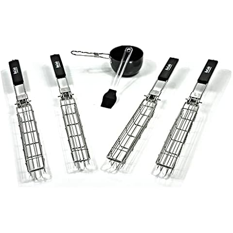 BBQ basket for cooking Kabab Grill Baskets - Set of 4 Kebab Stainless Steel kebab grilling baskets, Foldable, Dishwasher Safe - Includes Oil Brush and Pan - Premium BBQ Tool Sets Cover