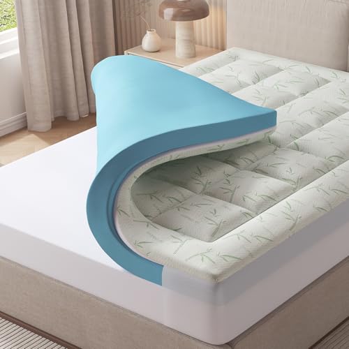 Image of Sweetcrispy Dual Layer Full Memory Foam Mattress Topper, 2 Inch Gel Memory Foam Plus 1 Inch Alternative Pillowtop Mattress Pad Cover, Cooling Bed Topper for Pressure Relief