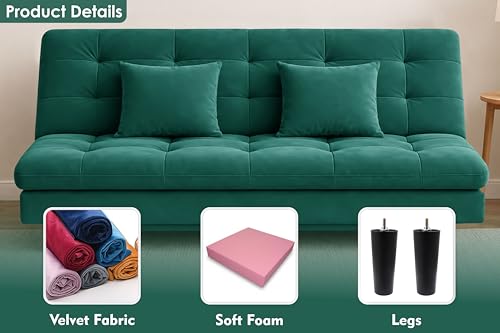 Image of Modern Foldable 3-Seater Futon Sofa Bed with Tufted Sleeper Couch Sofa with Adjustable Backrest- Living Room Furniture-Green
