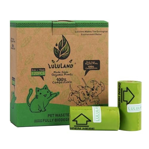 LULULAND® Bolsas para excrementos de perros, 120 unidades, 8 rollos, 23 x 32 cm, 100 % biodegradables, certificadas para perros, resistentes a desgarros, bolsas para excrementos de perros, aroma a