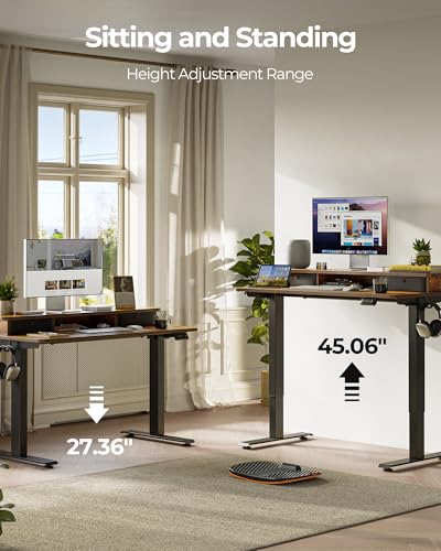 Image of FEZIBO 60 x 24 Inch Height Adjustable Electric Standing Desk with Double Drawer, Stand up Home Office Computer Desk with 4 Height-Adjustable Feets & 2 Hooks, Rustic Brown