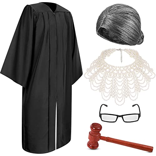 Lot de 5 accessoires de costume de juge comprenant une robe de juge, un tour de cou, une perruque, des lunettes, un cadre en bois pour Halloween, un juge, un...