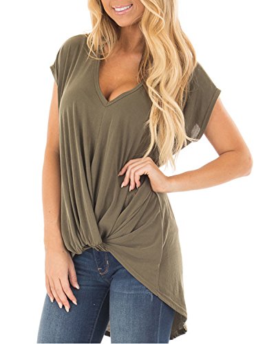 Blooming Jelly Women's Short Sleeve Plunge Deep V Neck Shirt Pleated HI Low Top Knotted T Shirt