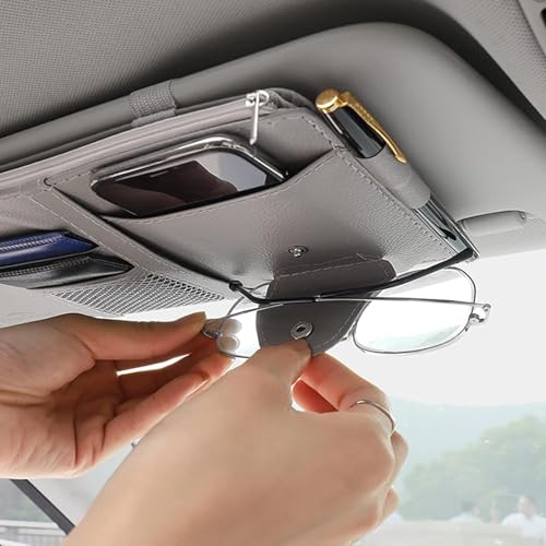 Image of Car Accessories Car Sun Visor Organizer, Sunglass Pen Card Small Document Storage Pouch Holder, PU Leather, Multi-Pocket with Zipper Net (Grey)