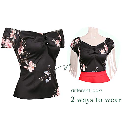 Image of YARN & INK Women's Rockabilly Tops 1950s Pinup Shirt Casual Off Shoulder Vintage Blouse