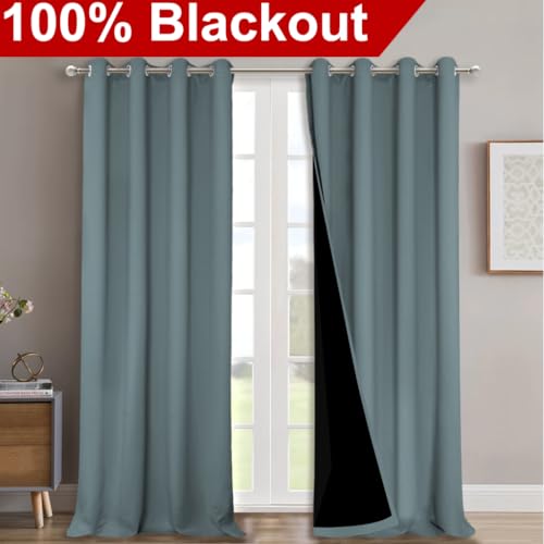 Image of NICETOWN 100% Blackout Curtains for Shift Workers, Laundry Room Decor Window Treatment Drapes, Thermal Insulated Energy Smart Draperies for Villa, Hall and Studio, Stormy Sea, Set of 2, 52 inch W x 95 inch L