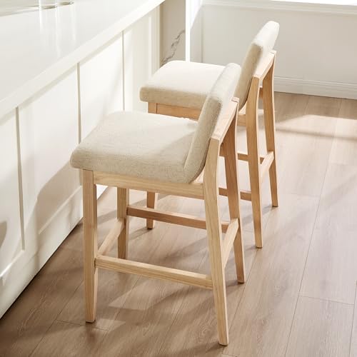 Image of Zesthouse Wooden Counter Height Stools Set of 4, 26 inch Modern Bar Stools with Upholstered Back & Solid Wood Leg, Mid Century Modern Heavy Duty Barstools, Beige Linen Fabric High Chair for Kitchen Island