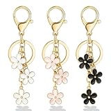Qubusm 3Pcs Cute Keychain for Women, Flower Enamel Keychains Charms,Sweet Aesthetic Keychains Charms Key chains Accessories for Handbag Backpack Purse Gold Key Chain（White Pink Black