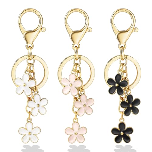Qubusm 3Pcs Cute Keychain for Women, Flower Enamel Keychains Charms,Sweet Aesthetic Keychains Charms Key chains Accessories for Handbag Backpack Purse Gold Key Chain（White Pink Black