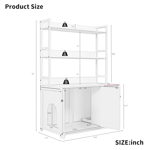 Large Litter Box Enclosure with Shelves, 52'' Hidden Cat Kitty Litter Furniture Corner Cats Bookshelf for Living Room, Bedroom, Cat Box Enclosure Cabinet with Scratch Pad White