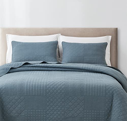 Chezmoi Collection Motley 2-Piece Classic Geometric Patchwork Embroidered Quilt Set - Pre-Washed Cotton Bedspread Coverlet Set, Twin Size, Blue #TOP1