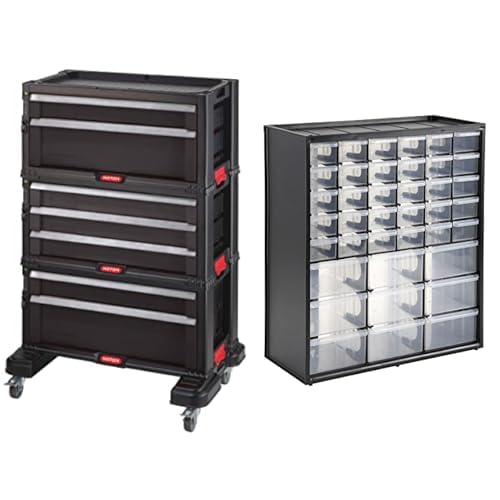 Servante d'atelier Keter et organiseur Stanley pour ranger vis et outils sans encombrement