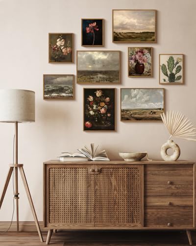 Image of ARPEOTCY Vintage Framed Botanical Wall Art, Bedroom Bathroom Dark Dried Flower Pictures Art Decor, Canvas Print Retro Paintings, Home Rustic Farmhouse Neutral Moody Decor, 8x10 Inch