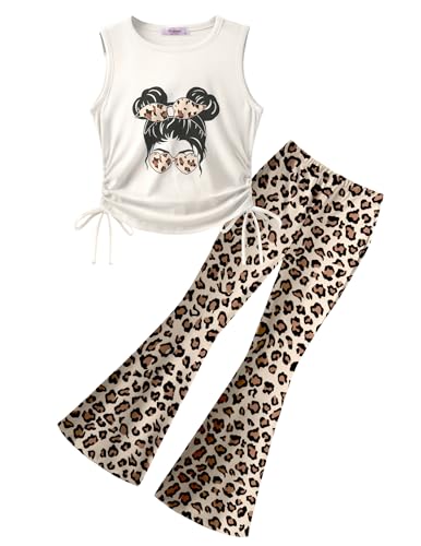 Image of Arshiner Toddler Girl Clothes 2 Piece Outfits Side Adjustable Drawstrings Tank Tops and Flare Leggings Pant Set