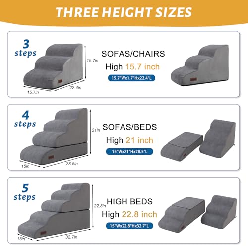 Image of Dog Stairs and Ramp for High Bed, 5-Step Dog Steps for Small Dogs and Cats,Non-Slip Pet Stairs Suitable High Bed Climbing | Aodisman Pet Stairs for Bed with High-Density Foam,Ideal for Olders,Short-Legged Dogs,Puppy and Cats Get on High Beds,Grey